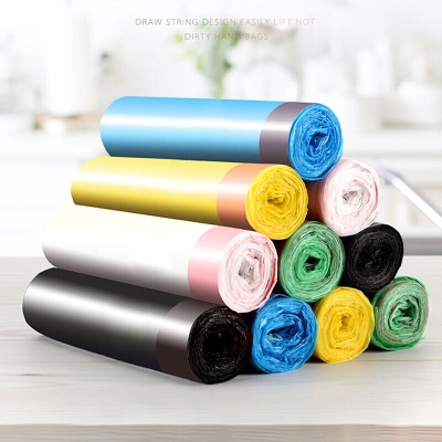 大号垃圾袋抽绳自动收口垃圾袋加厚分类垃圾袋手提式清洁塑料袋 5卷75只-颜色随机