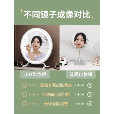 台式梳妆镜 带led灯化妆镜台式桌面学生大号梳妆镜子宿舍网红补光ins化妆圆镜 白色30cm-标准款【高清镜面】