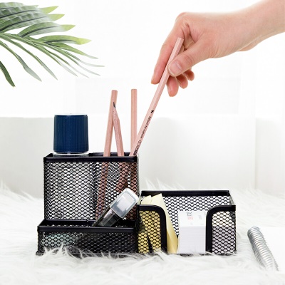 得力(deli)金属网纹笔筒 多功能三格桌面收纳 办公用品 黑色9175