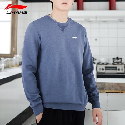 李宁 卫衣男秋冬季加绒加厚保暖宽松舒适圆领套头长袖T恤运动上衣 火石蓝（加绒） L/175(135-150斤)